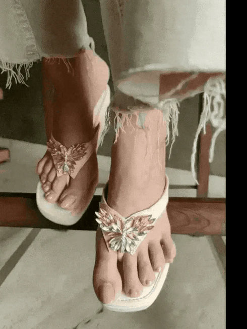 Salmon Pink Butterfly Jewelled Wedges - cunei